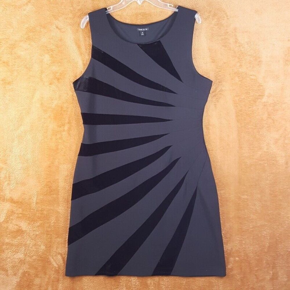 SAMI & JO Womens Dress XL Black Sheath Midi Velvet Sun Ray Stripe Stretch LBD